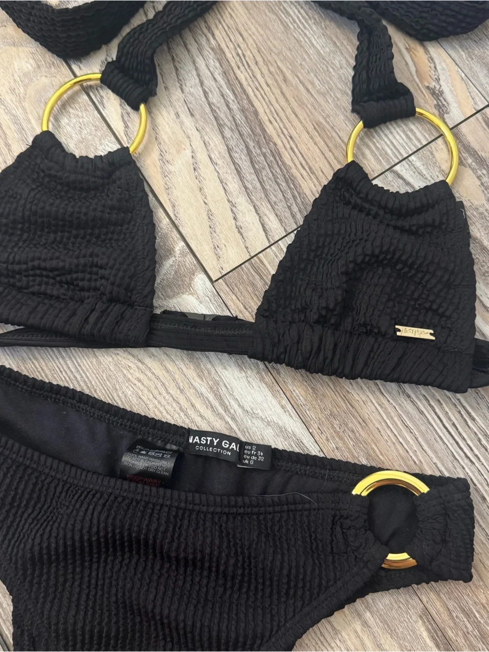 Nasty Gal Black Ribbed Bikini with Gold Ring Detail
